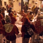 The snow covered drummers playing outside The Railway Pub